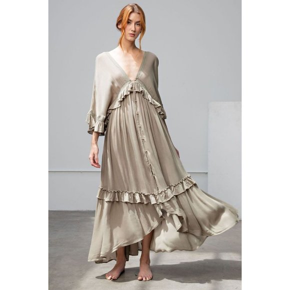 Easel Faded Olive Button Down Wing Sleeve Rayon Gauze Ruffled Edges Maxi Dress - Picture 5 of 8